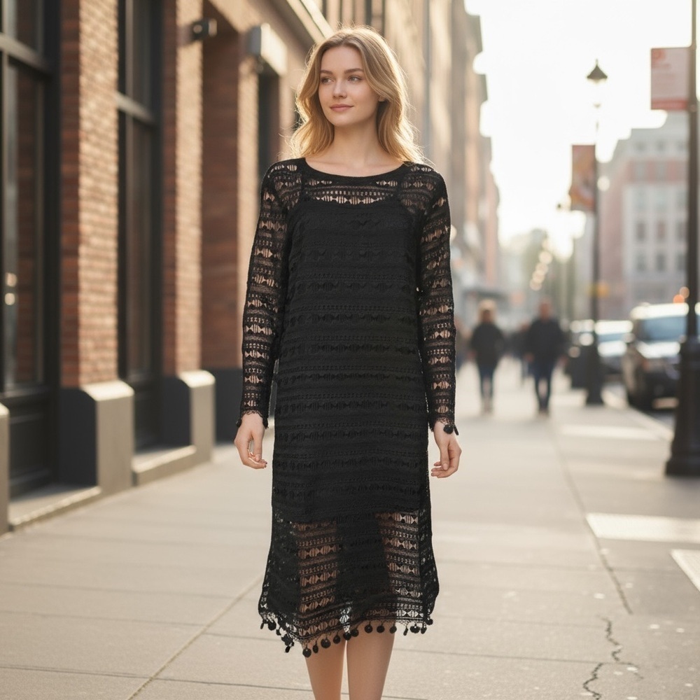 AMT Black Crochet Long Sleeve Maxi Dress
New